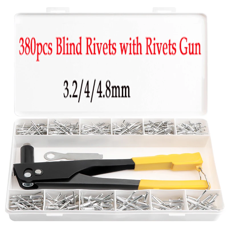 

380pcs Blind Rivets Heads Attached Kit with Anti-slip Hand Riveter Gun Hand Tools Repair Set 2.4mm 3.2mm 4.0mm 4.8mm