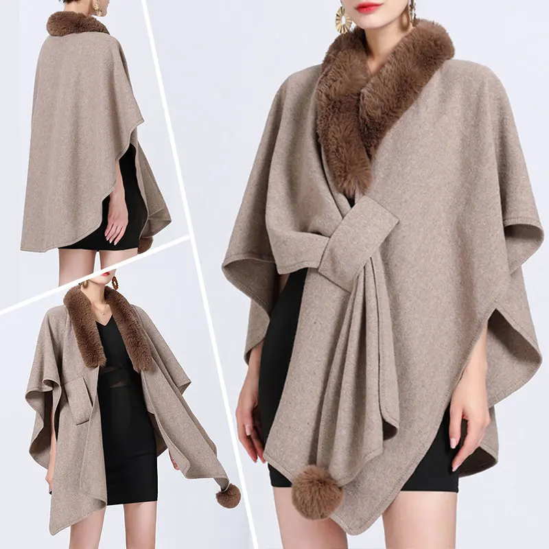 Ladies Fashion Cape Coat Faux Fur Collar Warm Autumn Winter Mid Length Knitted Cardigan Poncho Jacket Outwear Party Boho Shawl