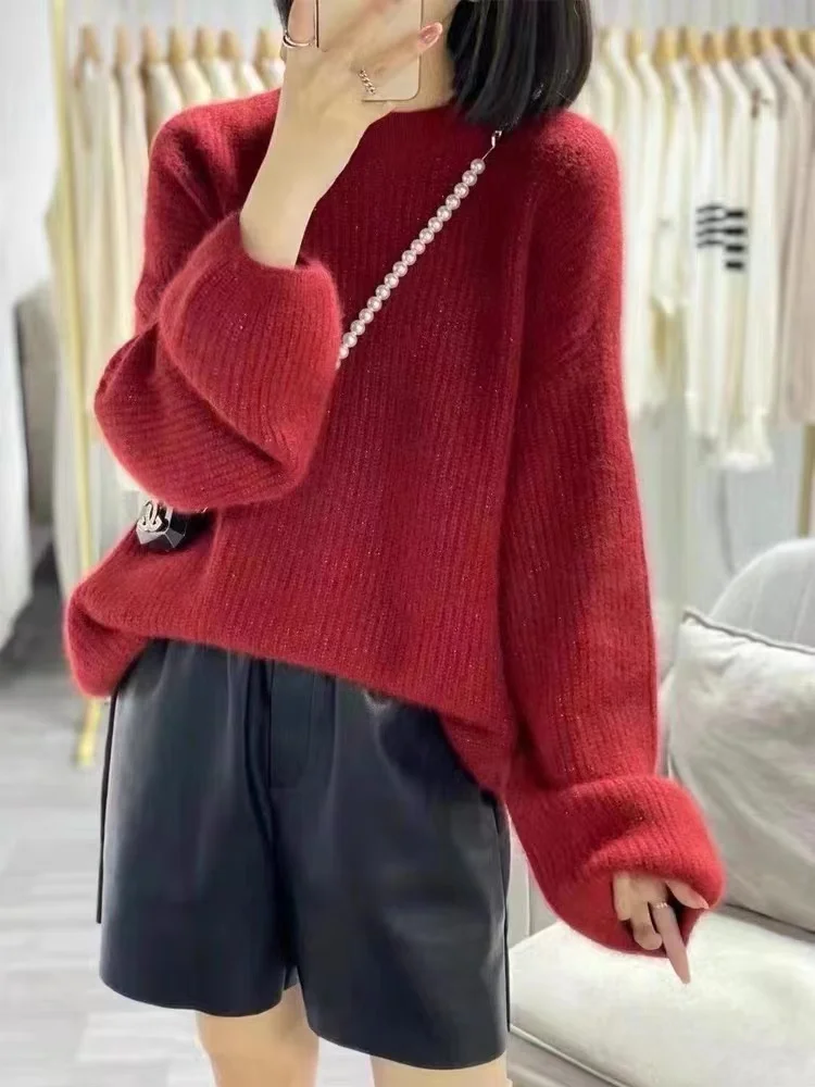 Cashmere Sweater Women O-Neck Bright dotsSweater Pure Color Knitted Pullover  Loose Lantern sleeve Cashmere Sweater Women