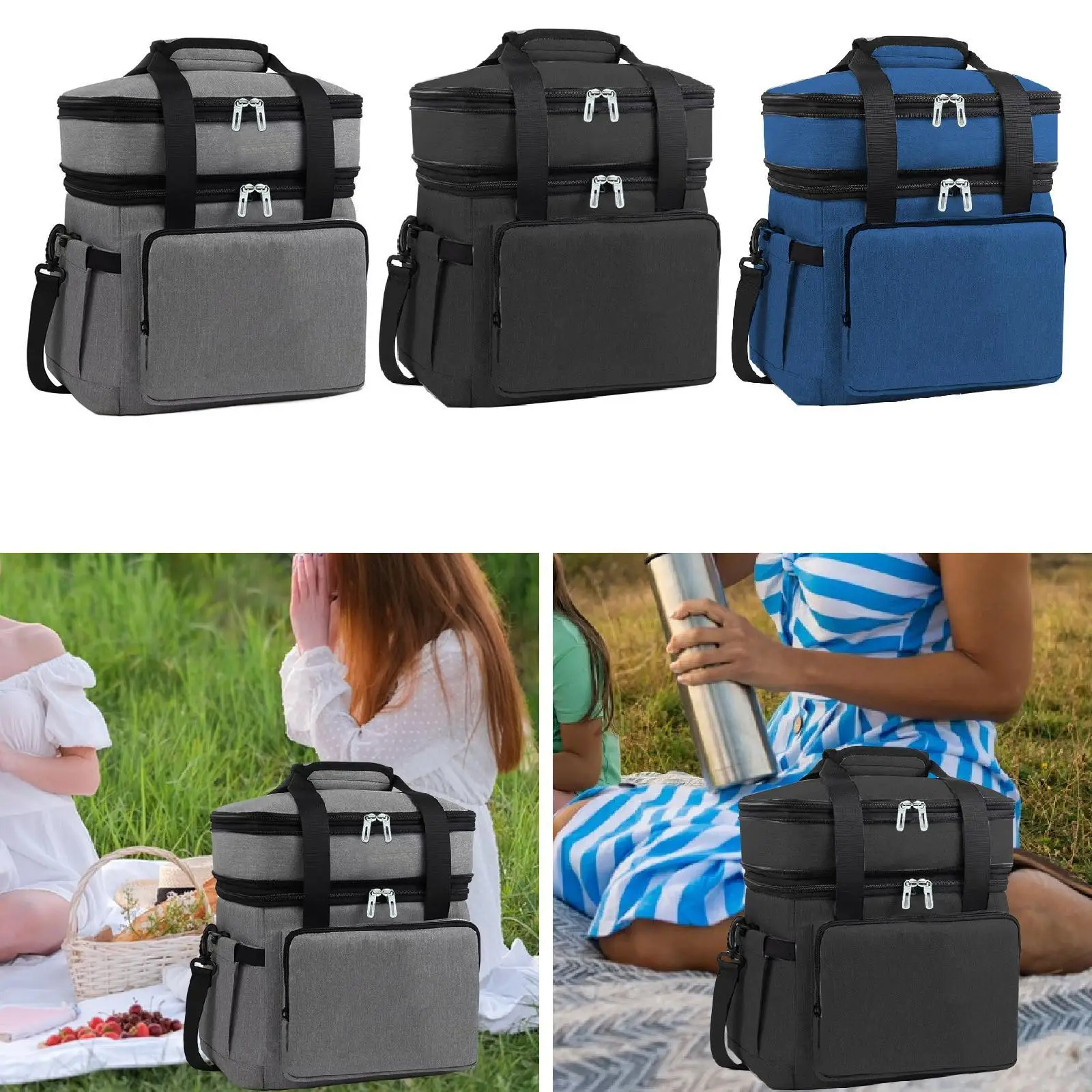 Insulated Cooler Bag 2 Tier 18L Versatile Container Expandable Hot Cold Food Thermal Bag for Travel Work Lunch Picnic Office