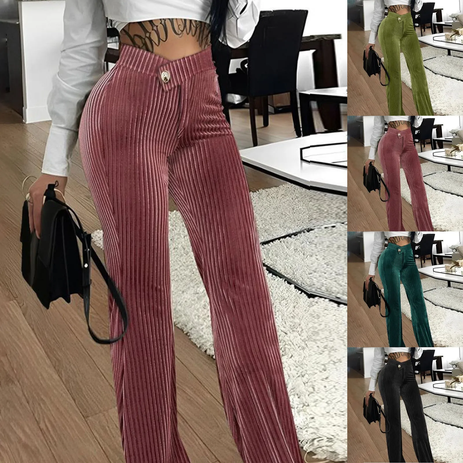 

Loose Solid Color Womens Flared Pants Fitness Female Korean Fashion Straight Pant Sport High Waist Wide Legs Slim Casual Trouser
