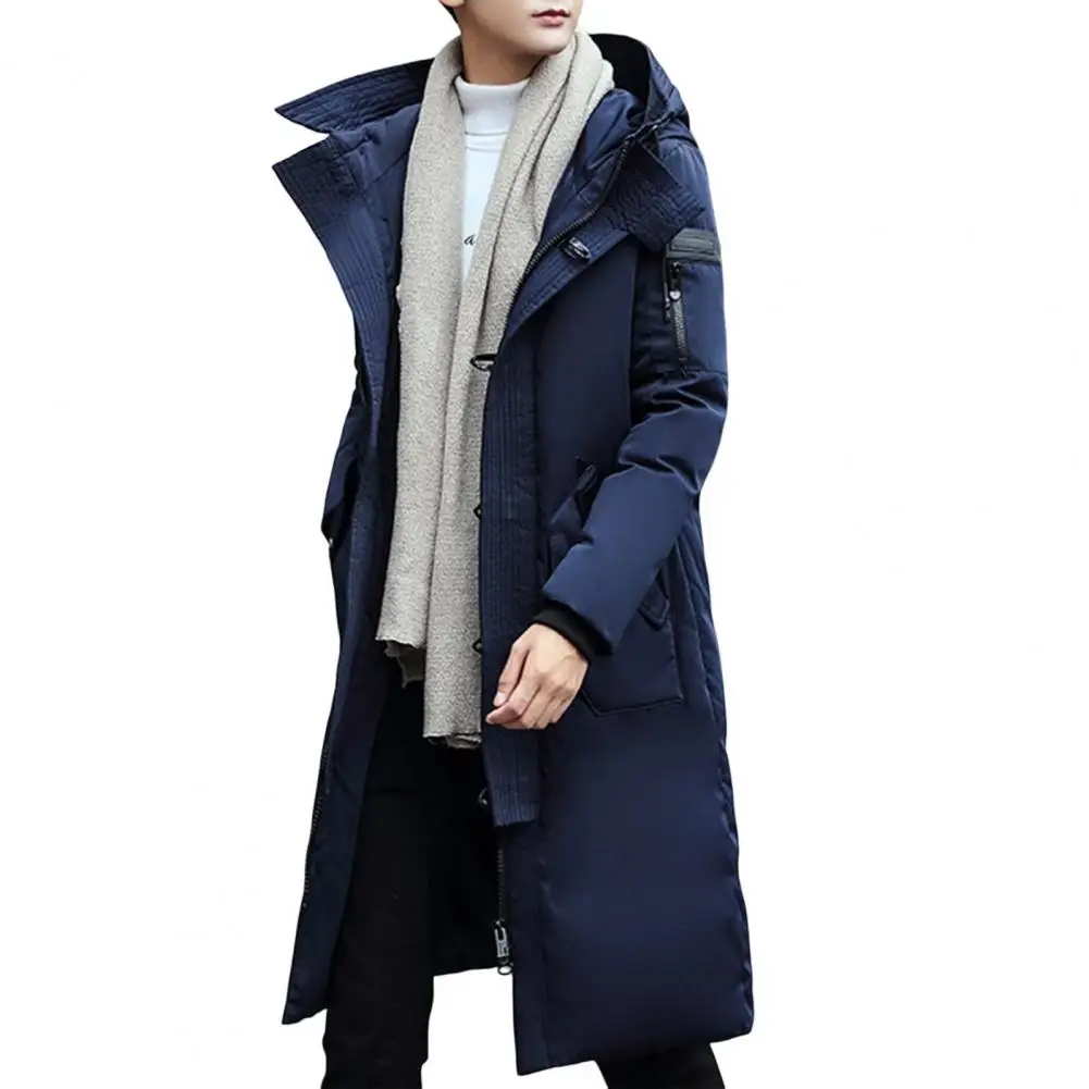 Long Down Jacket with Pockets Streetwear Coat Men's Hooded Quilted Cotton Coat with Multi Pockets Warm Winter for Windproof