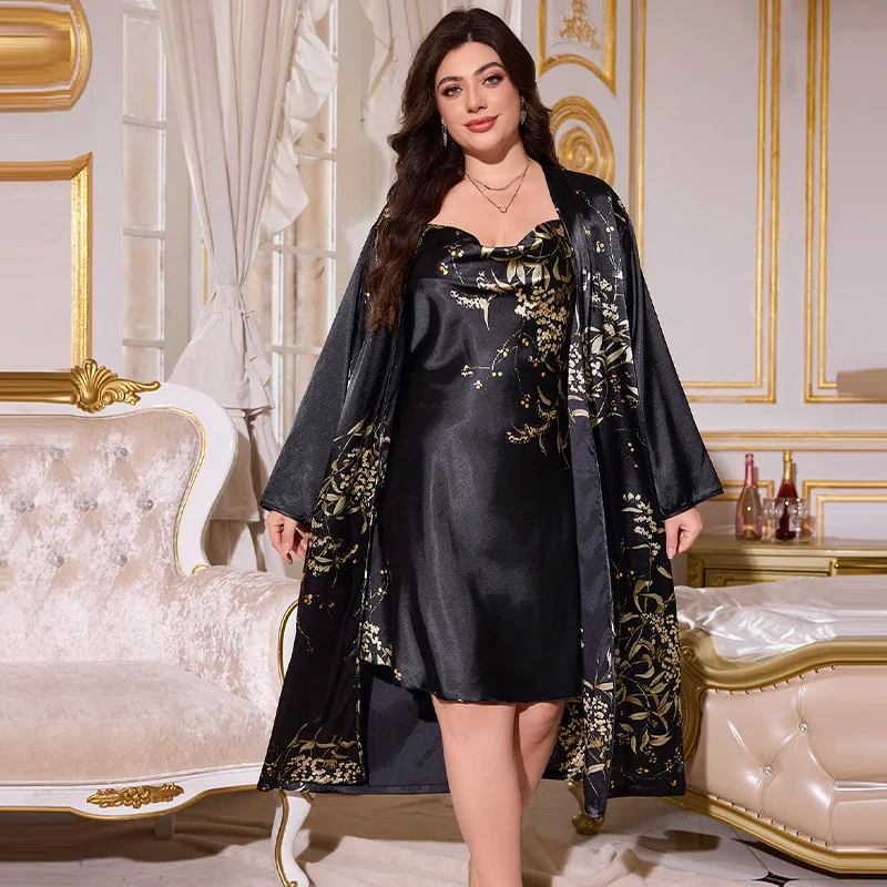 الأزهار طباعة Twinset رداء مجموعة المرأة ملابس المنزل مثير طويل الحمالات فستان النوم كيمونو البشكير ثوب الساتان
