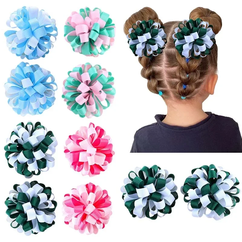 ncmama 2Pcs Ribbon Flower Hairpins Double Color Hair Clips Girls Princess Hairpin Barrettes Handmade Headwear Hair Accessories