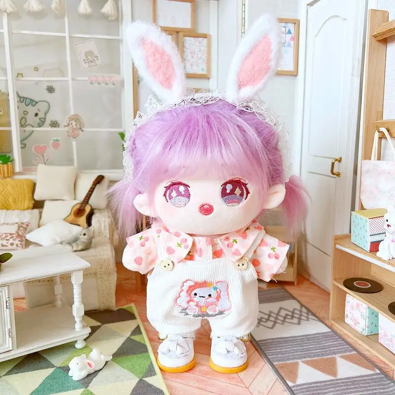 

20cm Kawaii Cherry Shirt White Strap Pants Suit Plush Idol Doll DIY Clothes Accessory Stuffed Customization Figure Doll Toy Gift