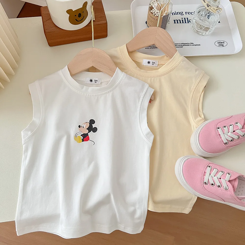 

Children's Tank Top Summer Sleeveless Shoulder Drop T Vest for Kids Girls Boys Disney Cartoon Mickey Mouse Print Round Neck Tops
