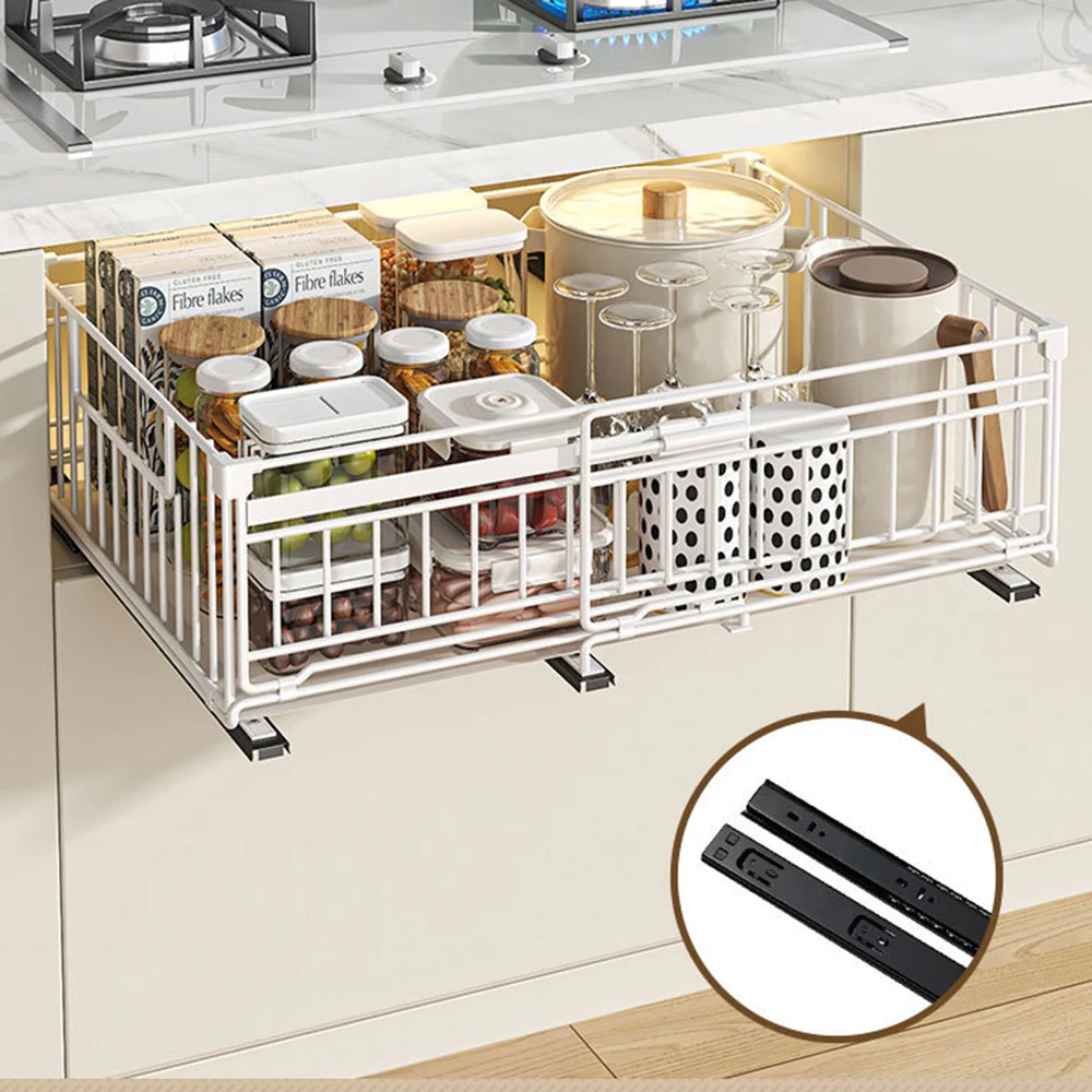 Küchen-Aufbewahrungsregal, teleskopische Schublade, ausziehbarer Schubladen-Organizer, verstellbare Breite 33–50 cm, für Schrank zu Hause – Detail 12