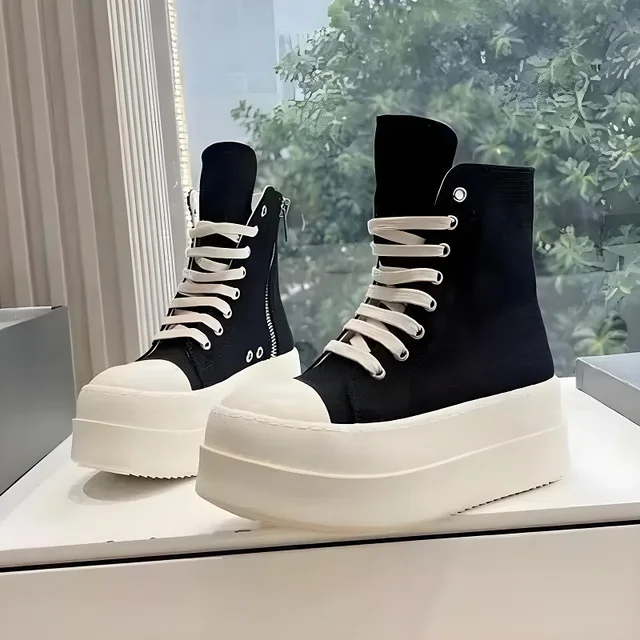 Women's Platform Ankle Boots High-Top Lace-Up Canvas Shoes for Spring Autumn Trendy Height-Increasing Design Shoes