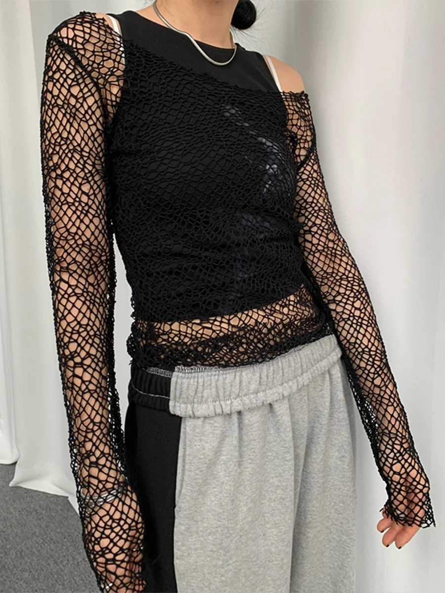 

Ladies Mesh See-Through Tops Women Leisure Style Solid Color Off Shoulder Long Sleeve Hollow Slim Beach Cover-Up Streetwear