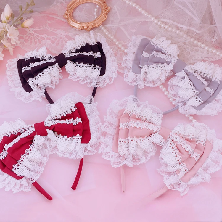 Lolita Japanese Style Girlish Love Girl Hairware Hairbands Lolita Sweet Lace Three-Layer Bow Hairclip Headband Hair Bow Women infant baby girl headband socks set silk floral baby rubber non slip socks elastic hairbands toddler girl hair accessories