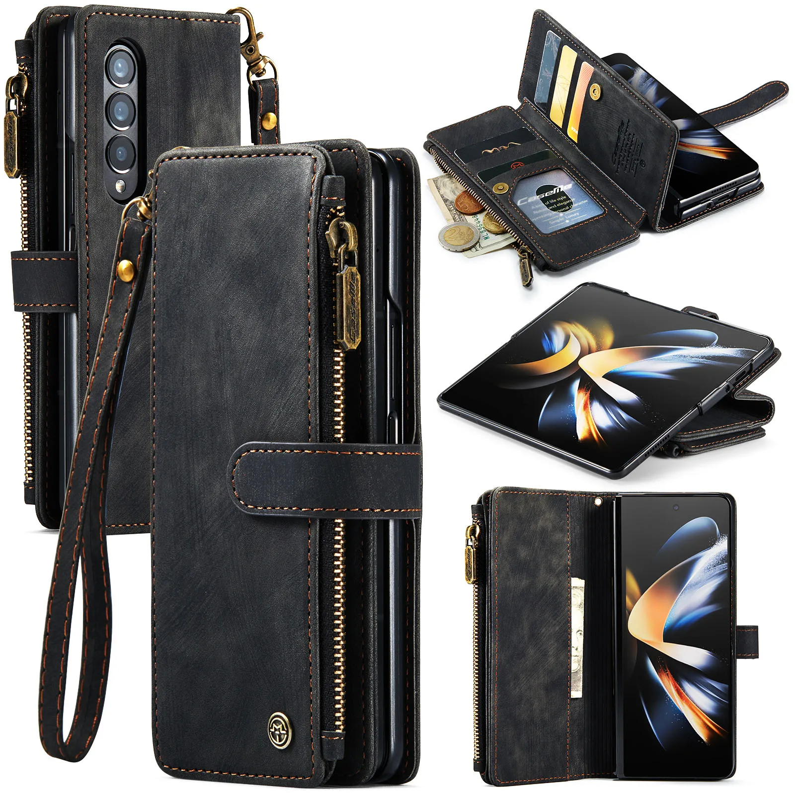 Durable PU Leather Magnetic Wallet Flip Case with Lanyard Strap and Zipper Card Holder