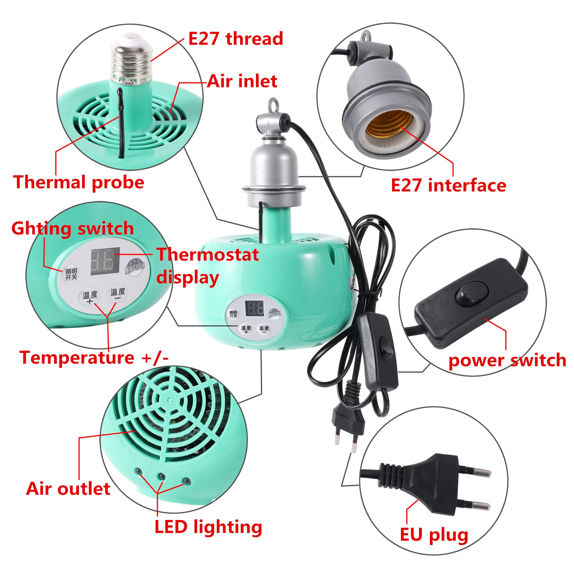 Pet Heating Lamp Animal Warm Light Chicken Thermostatic Temperature Controller Heater Reptile Box 220V 300W