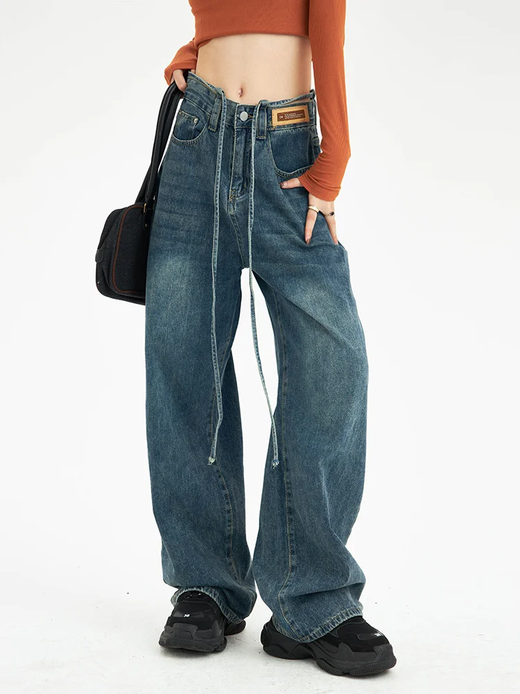

Women Vintage Baggy Straight Jeans High Waist Wide Leg Jeans Loose Drawstring Lace Up Cargo Pants Oversize Denim Trousers Y2k