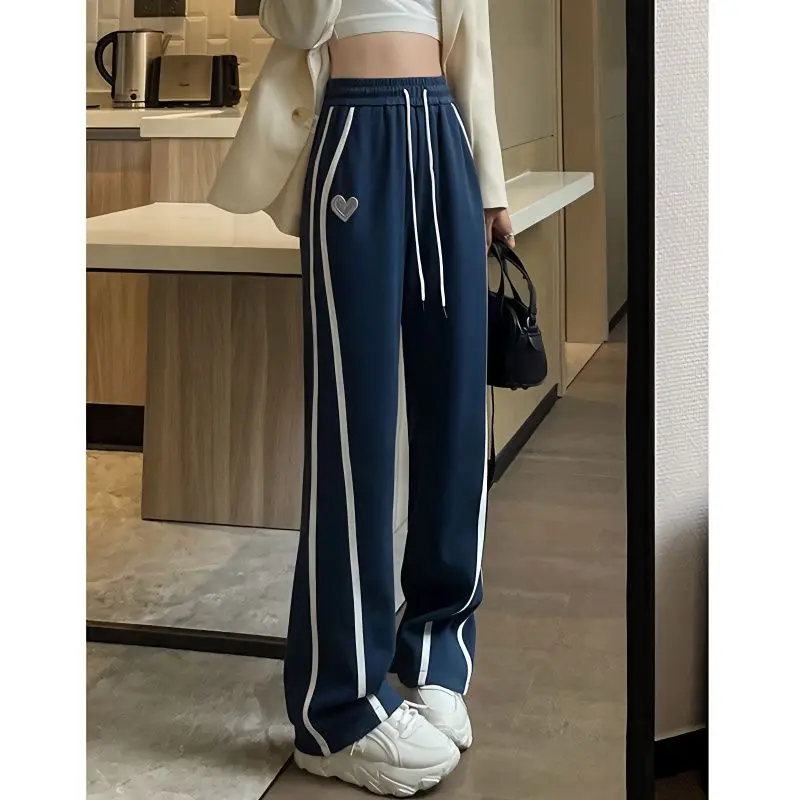 

High Street Vintage Wide Leg Sporty Pants Women's Solid Stripe Embroideery High Wait Pockets Drawstring Loose Straight Trousers