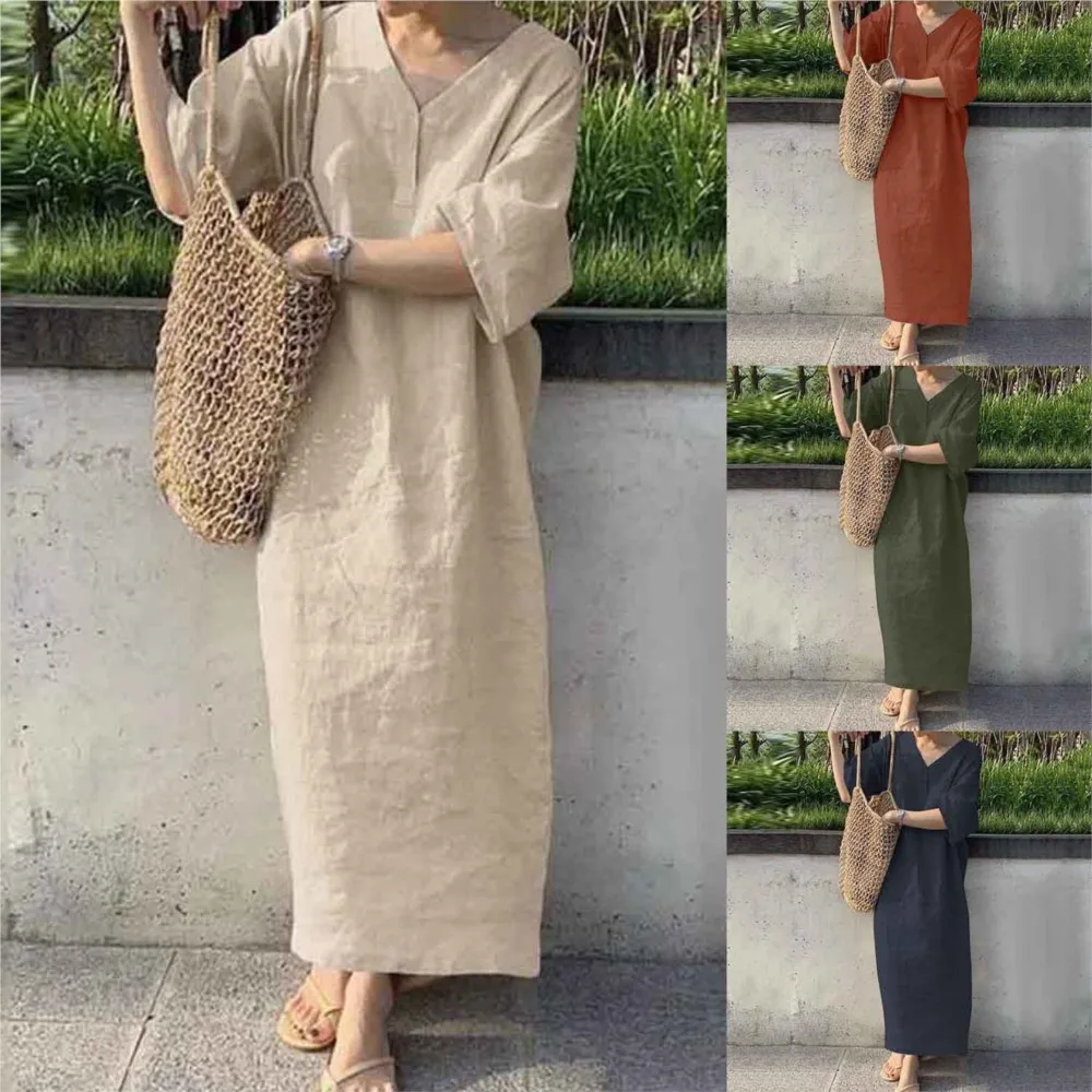 Abito Lungo In Lino E Cotone Per Donna – Maniche Corte, Scollo A V, Taschino, Perfetto Per Spiaggia E Vacanze Estive