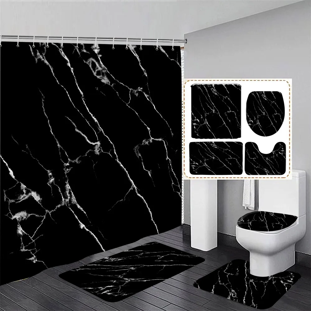 

Black Marble Shower Curtain Set White Crackle Art Modern Luxury Home Bath Curtains Bathroom Decor Bath Mats Toilet Lid Cover