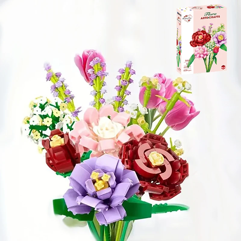 Rose Flower Building Blocks 3D Model Bouquet Brick Gift Home Decoration Children Birthday Toy with Box Mother's Day Gift