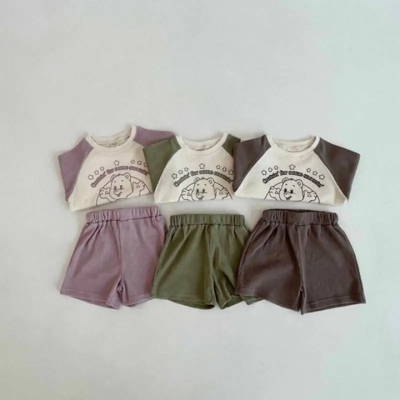 

2023 New Baby Summer Short Sleeve Clothes Set Children Cartoon Bear T Shirt + Shorts 2pcs Suit Infant Cotton Waffle Outfits
