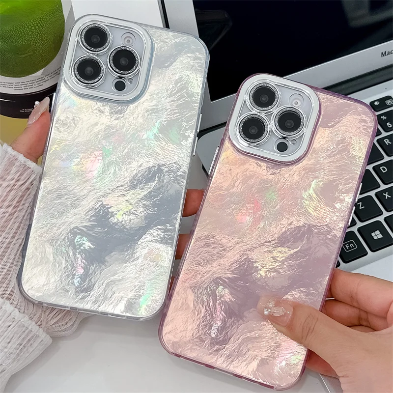 Custodia per telefono pieghevole con texture in stagnola per iPhone 16 Plus 15 14 13 Pro Max antiurto rigida in PC glitterato con protezione per fotocamera posteriore_voghion.com