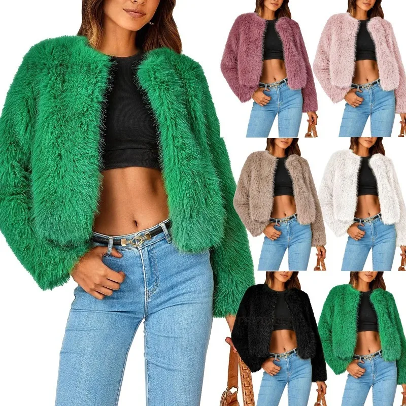 Imitation Fur Short Jacket Luxury Elegant 2023 Autumn Winter New Style Soild Color Warm Cardigan Crop Top Fluffy Furry Soft Coat