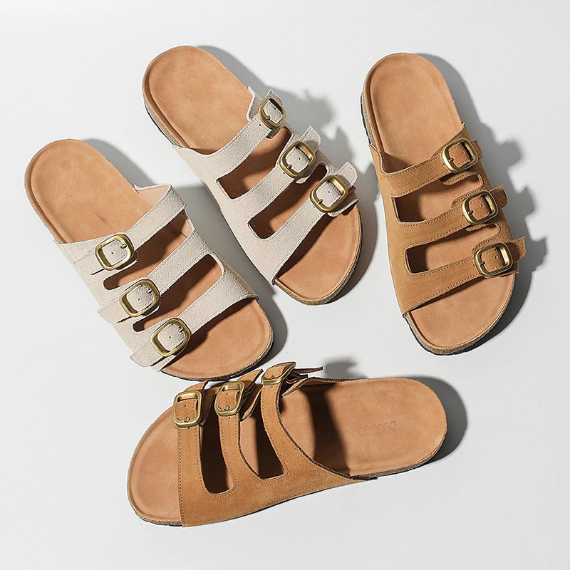 

2023 Summer Women's Three Buckle Cork Slippers Cow Suede Leather Flats Sandals For Women Retro Fashion Garden Mule Clog Slides