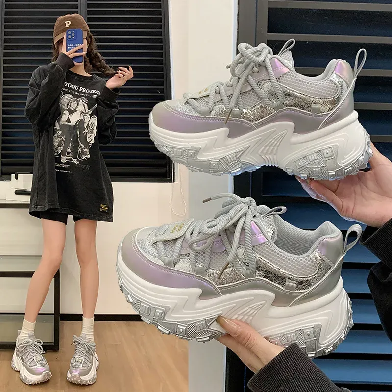 Fashionable Versatile European Style Women's Sneakers With Thick Sole Color Block Old Man Shoes Breathable Sport Shoes For Adult