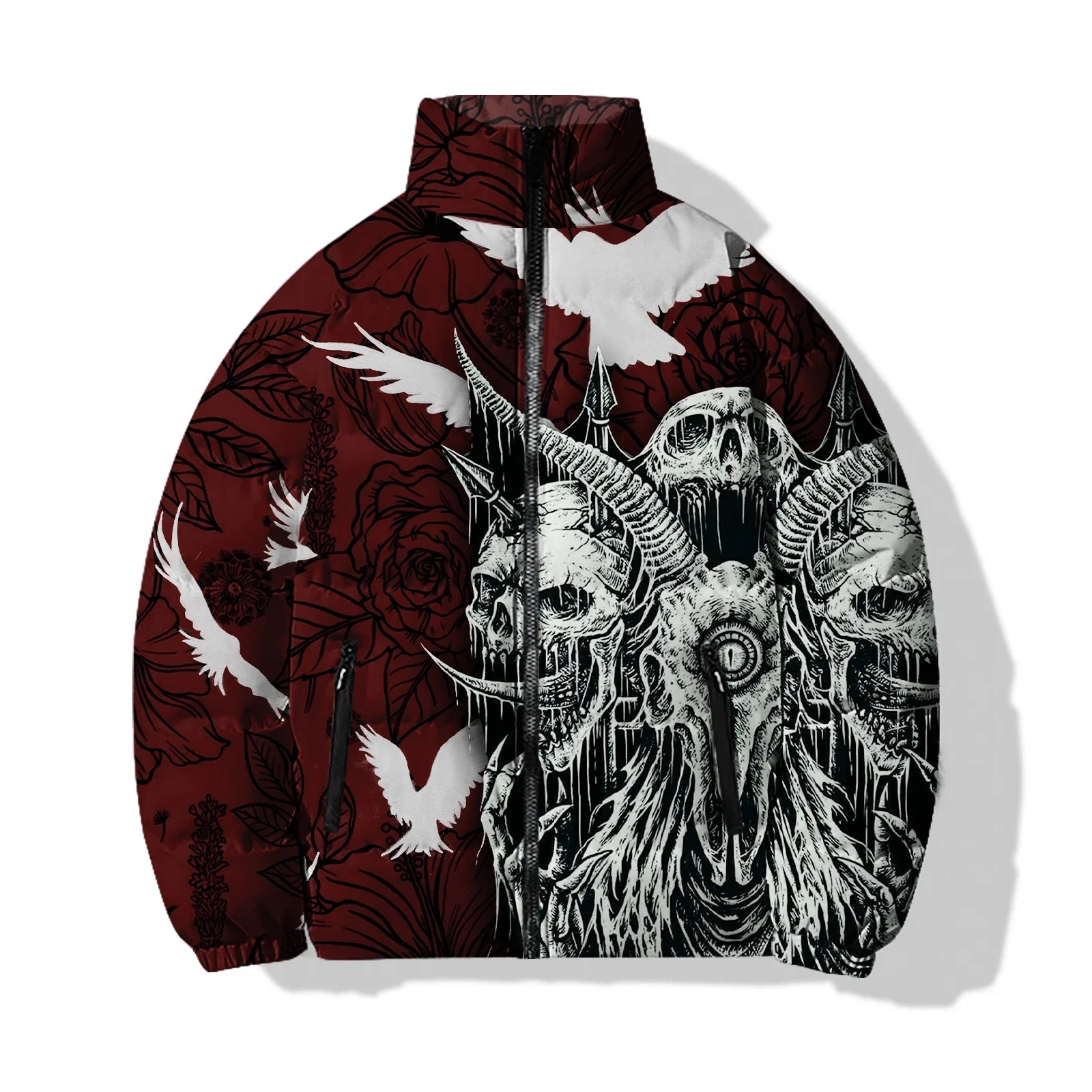 thumbnail image 1 of Ropa de hombre Abrigos de invierno Parkas para hombre Estampado de calaveras en llamas Cómodas y cálidas Chaquetas acolchadas para hombre modernas y versátiles, 1 of 5