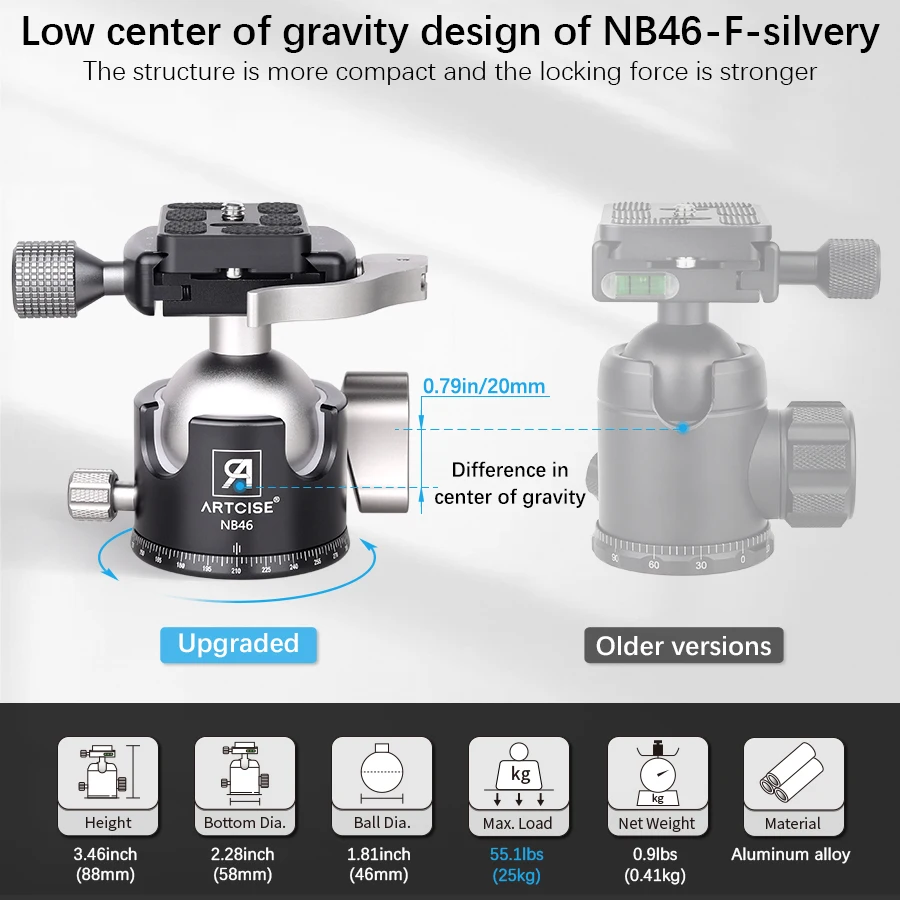 ARTCISE 46 mm Low Profile Double U Desin Kugelkopf mit Hebel-Entriegelungsschloss für Kamera Einbeinstativ DSLR Camcorder Teleskoplast 25 kg – Detail 9