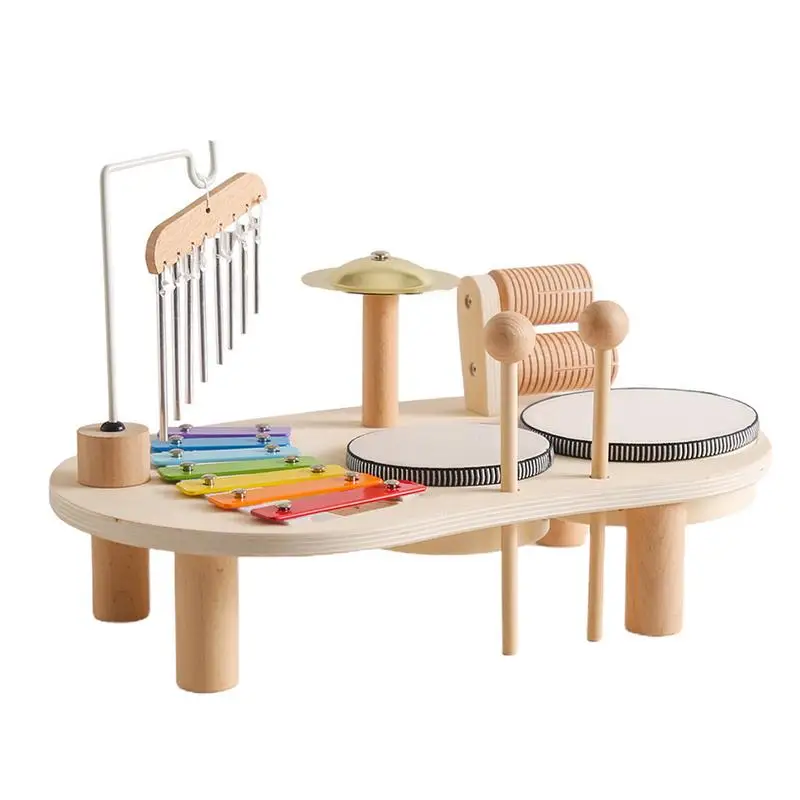 

Drum Kit Kids Toy 7 In 1 Montessori Educational Toy With Xylophone Wooden Musical Table Top Play Set Music Wind Chime For Kids