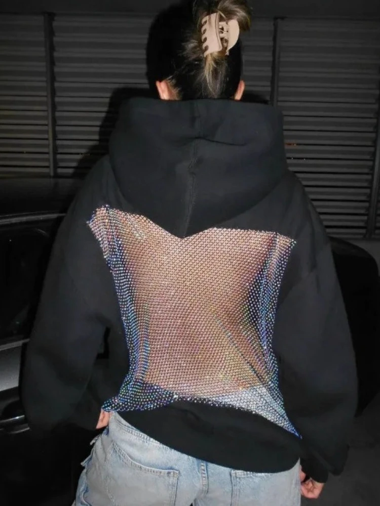 American Gothic Sexy Hollow Mesh Hoodie Y2K Clothes Womens Fashion Translucent Pullover Sweatshirt Casual Long Sleeves Jacket