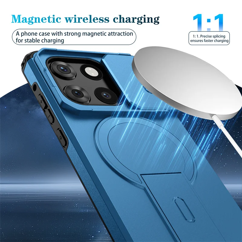 Enhanced Protective Armor Shockproof Case with Magnetic Wireless Charging and Foldable Stand