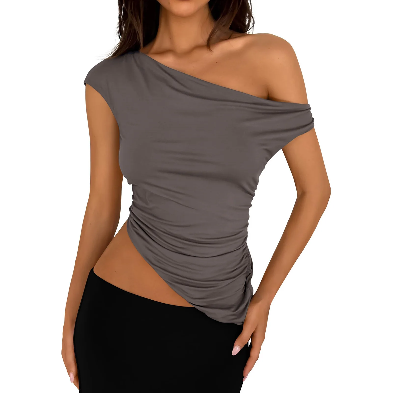 Women Summer Short Sleeve Asymmetrical Slim Fit T Shirt