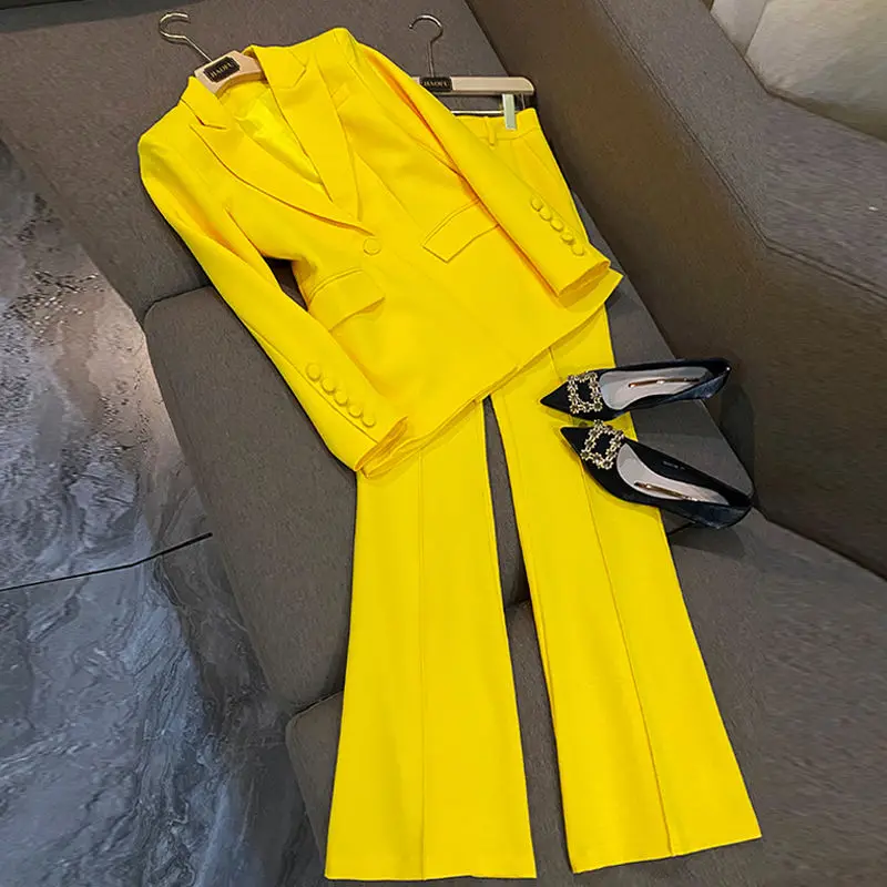 

Women's Yellow Color Blazer Sets 2022 Spring Fashion Single Button Two Pieces Suit Office Ladies Slim Blazer Coat+ Trousers