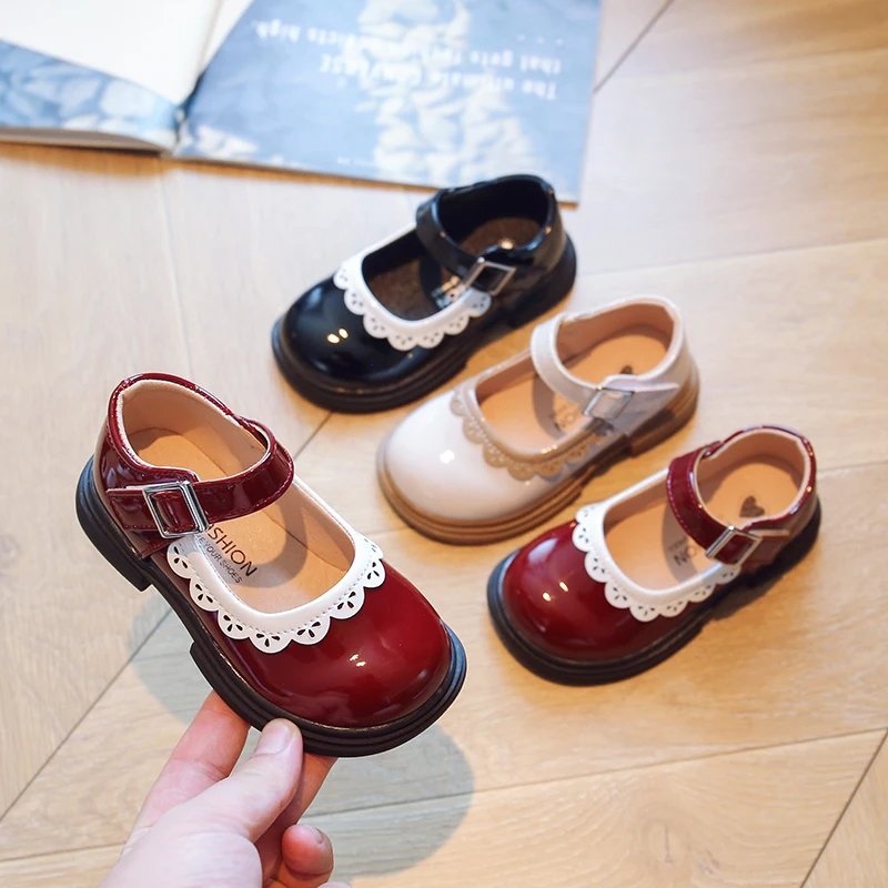 Children's Soft Princess PU Leather Shoes Lolita Loafer Fashion Kids Breathable Lace Girls Soft Sole Shallow Mary Jane Versatile 2