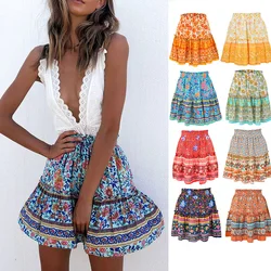 2021 Women's Net Red Print Short Skirt Bohemian Ethnic Ruffle Skirt Ruffled Casual Boho Skirt Floral Printed Women Clothing