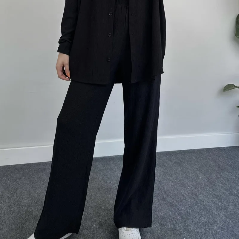 2024 Women's Summer Autumn New Product Temperament Solid Color Long-sleeved Shirt Coat Wide-leg Trousers Casual Two-piece Set