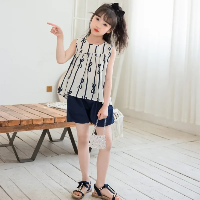 

Girls Clothing Set Summer Irregular Tops & Shorts 2Pcs Suit Children Fashion Bow Sleeveless Clothes for Girl Kids Tracksuit