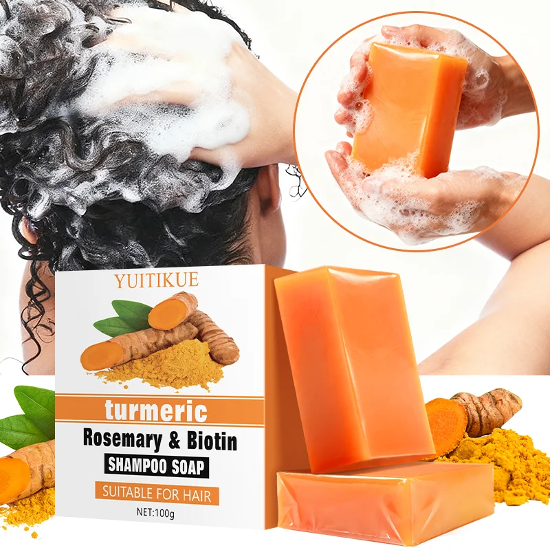 YUITIKUE Turmeric, Rosemary, and Biotin Shampoo Bar is gentle and refreshing, suitable for hair.