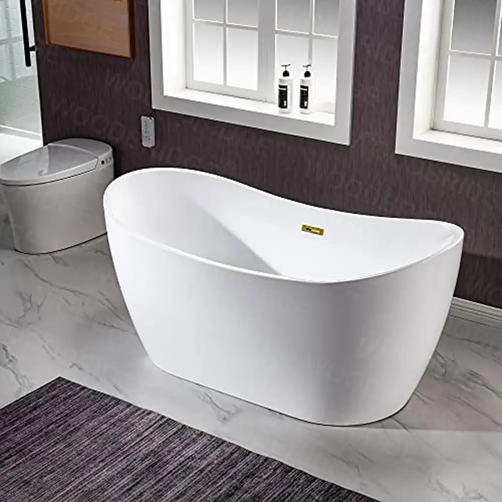 Contemporary White Acrylic Bathtub 59" Soaking Tub with Brushed Gold Overflow and Drain Non-Slip Design High Gloss LUCITE 5