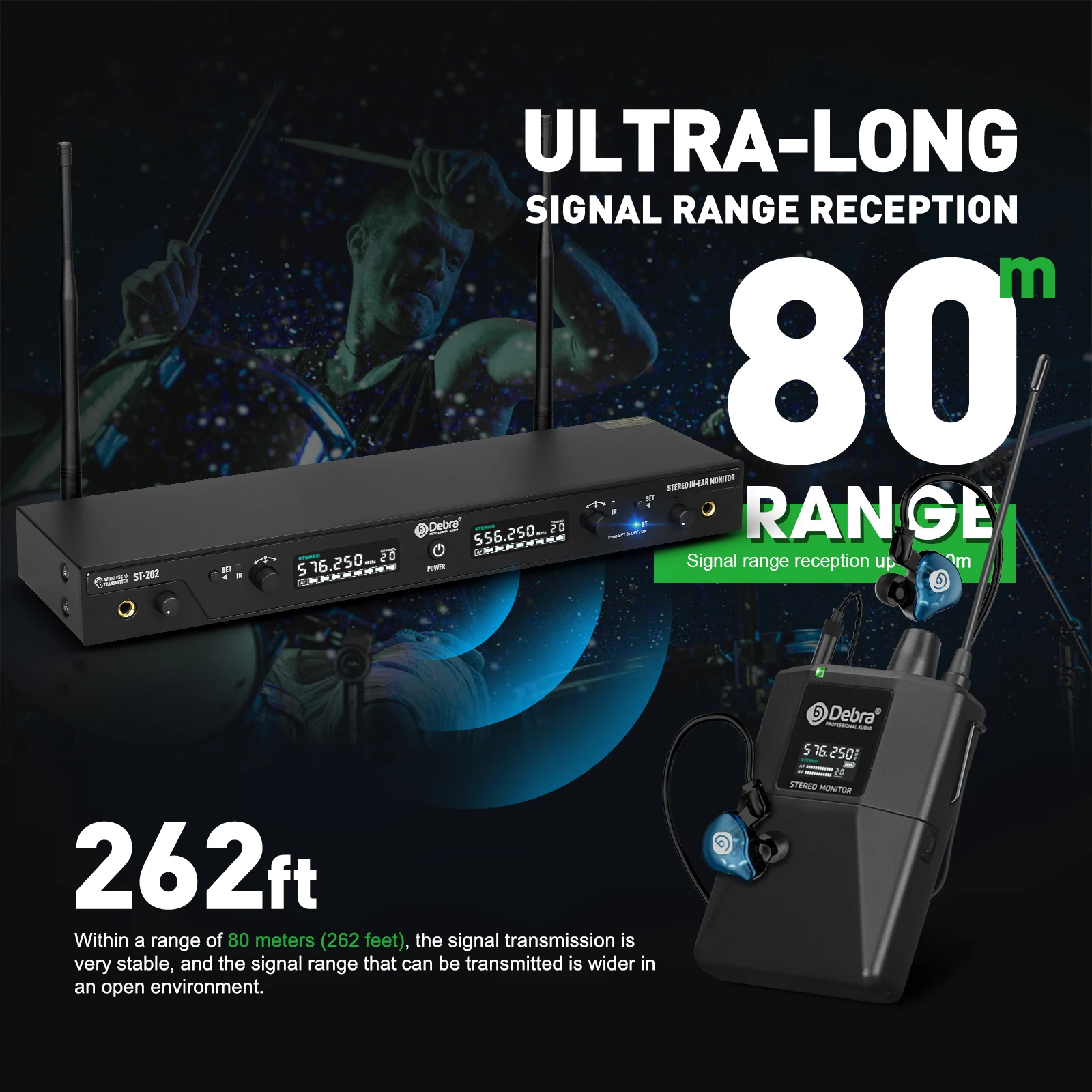 Debra UHF IEM Stereo ST-202 Professional Wireless In-Ear Monitor System 560-590M