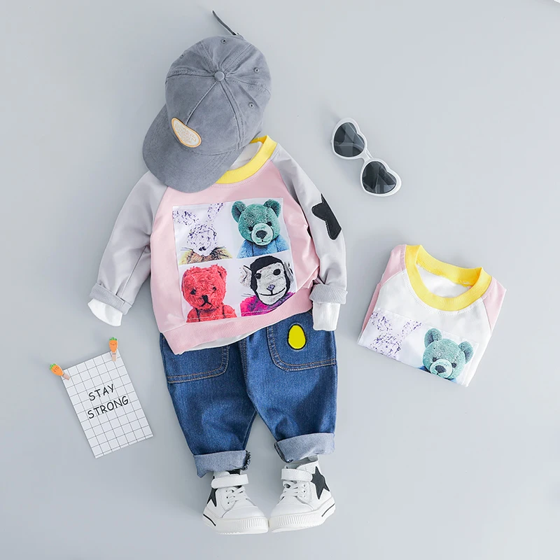 

Girls Clothing Sets Spring Children Clothes Cartoon Bear Kids Patchwork T Shirt Jeans 2 Pieces Suit Tolddler Infant Outfits