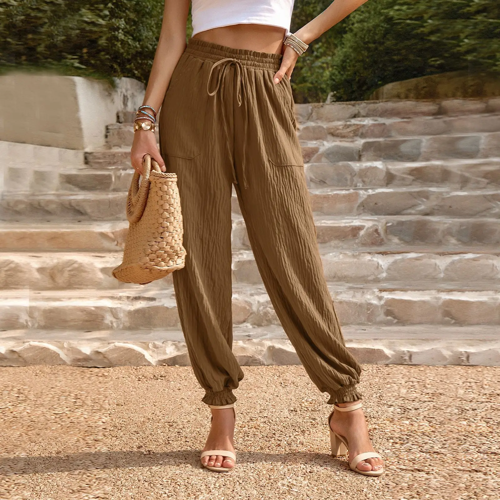 YEAE Solid Color Drawstring Pants Harem Pants Loose High-waisted Chaps Pants Versatile Casual Daily Commuting Sweatpants 2024New
