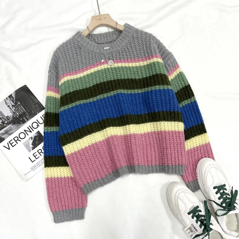 Women Knitted Sweater Long Sleeved Rainbow Striped Pullover