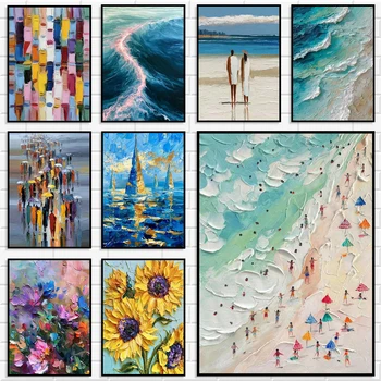 Quadro su tela spessa e colorata con paesaggio costiero, spiaggia, girasoli e barca a vela, decorazione murale astratta per appartamento
