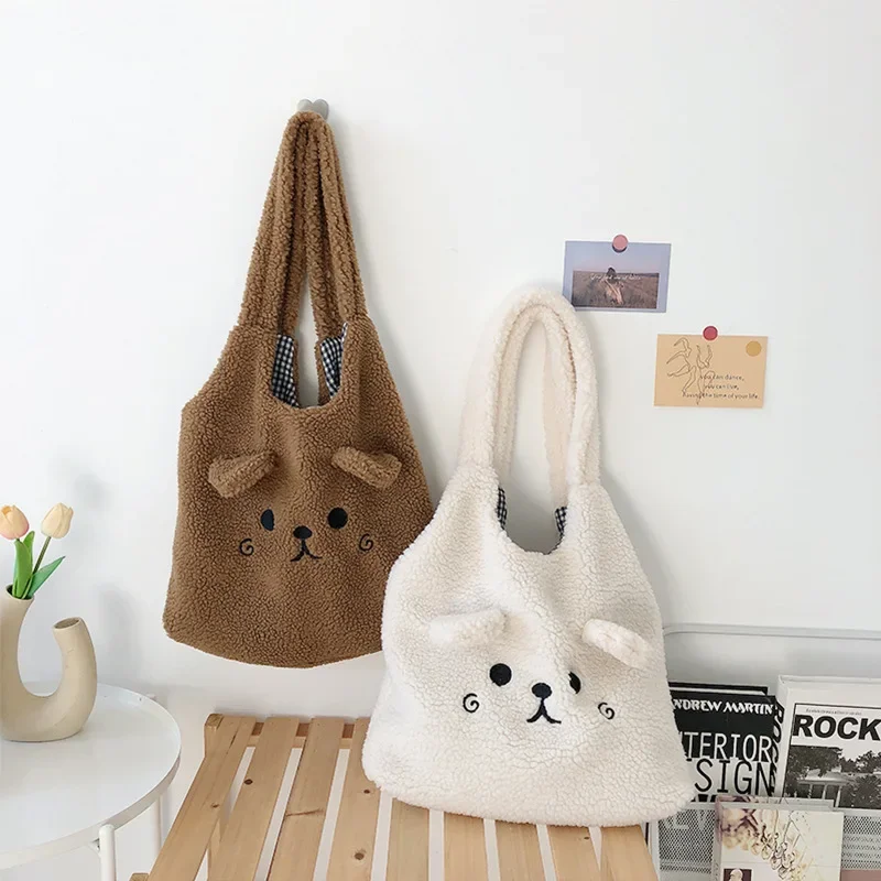 

Soft Plush Tote Bag Women Cartoon Embroidery Imitation Lamb Wool Shoulder Bags for Women Shopping Bag Bolsa Handbags for Women