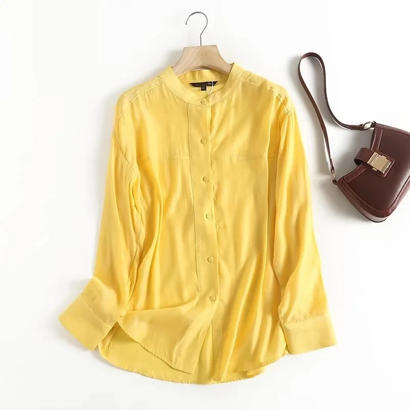 Maxdutti Fashion Simple Stand Collar Loose Shirt Long Sleeve Blouse Women Autumn  Blouse
