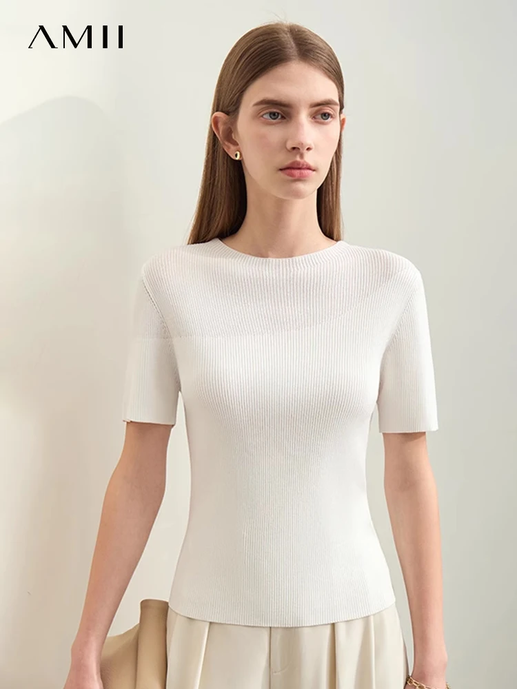 

Amii Minimalism 2024 Wool Knit Sweater for Women Summer T-Shirts New Solid Half-high Neck Slim Short-sleeve Casual Tops 12412010