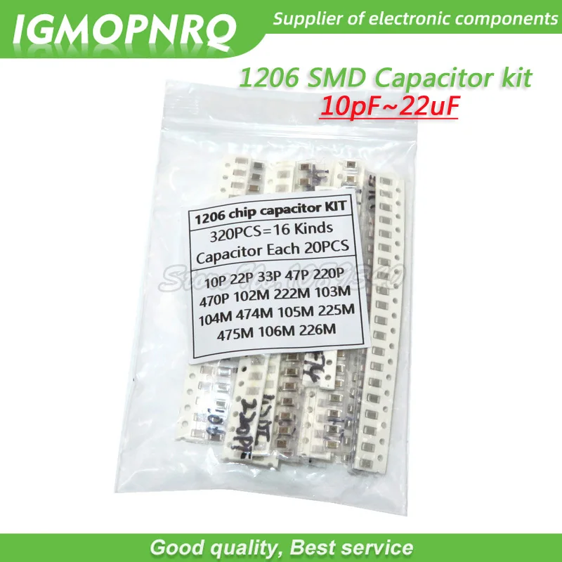 1206 SMD Capacitor assorted kit 10pF~22uF component samples kit 10PF 22PF 1NF 10NF 100NF 10UF 22UF 16values each 20pcs = 320pcs