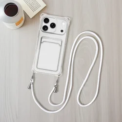 Enhanced Shockproof Silicone Clear Case Cover with Detachable Lanyard and Card Slot - iPhone 15 (With white lanyard)