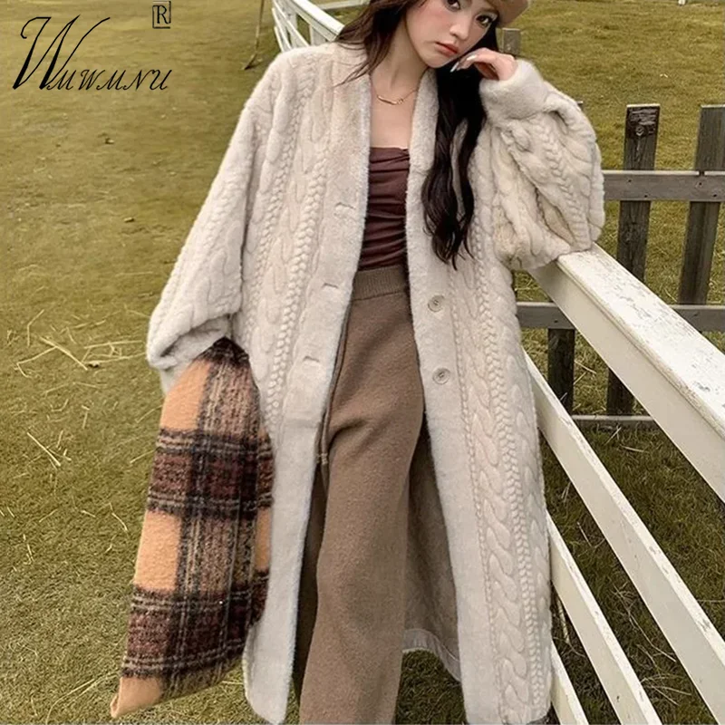 Korean Fashion Long Faux Fur Coats Women Fall Winter Warm V-Neck Rabbit Plush Chaquetaes 2024 New Loose Elegant Thick Outerwear